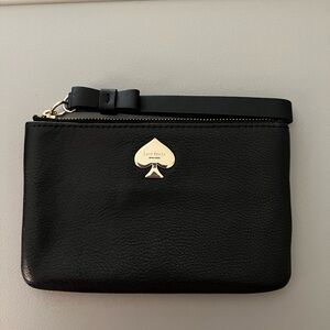 kate spade Black Leather Wristlet with Gold Hardware and Striped Lining